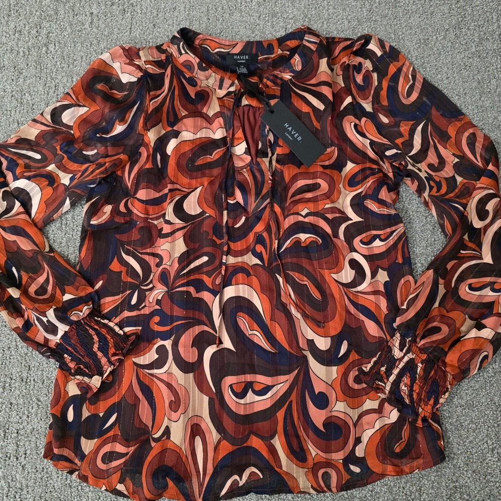 Haver London‎ Retro Swirl Print Blouse S Sheer Long Sleeve Boho Psychedelic Top